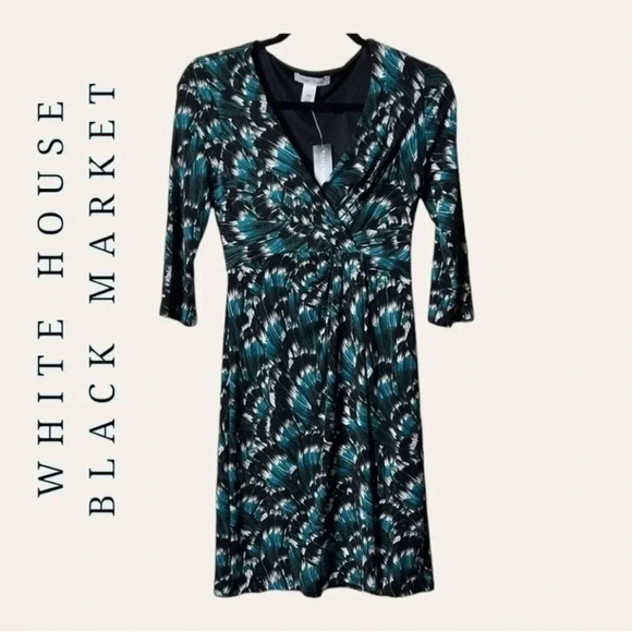 Women’s WHITE HOUSE BLACK MARKET MINI DRESS XXS TEAL WHITE BLACK 3/4 SLEEVE - Picture 1 of 9
